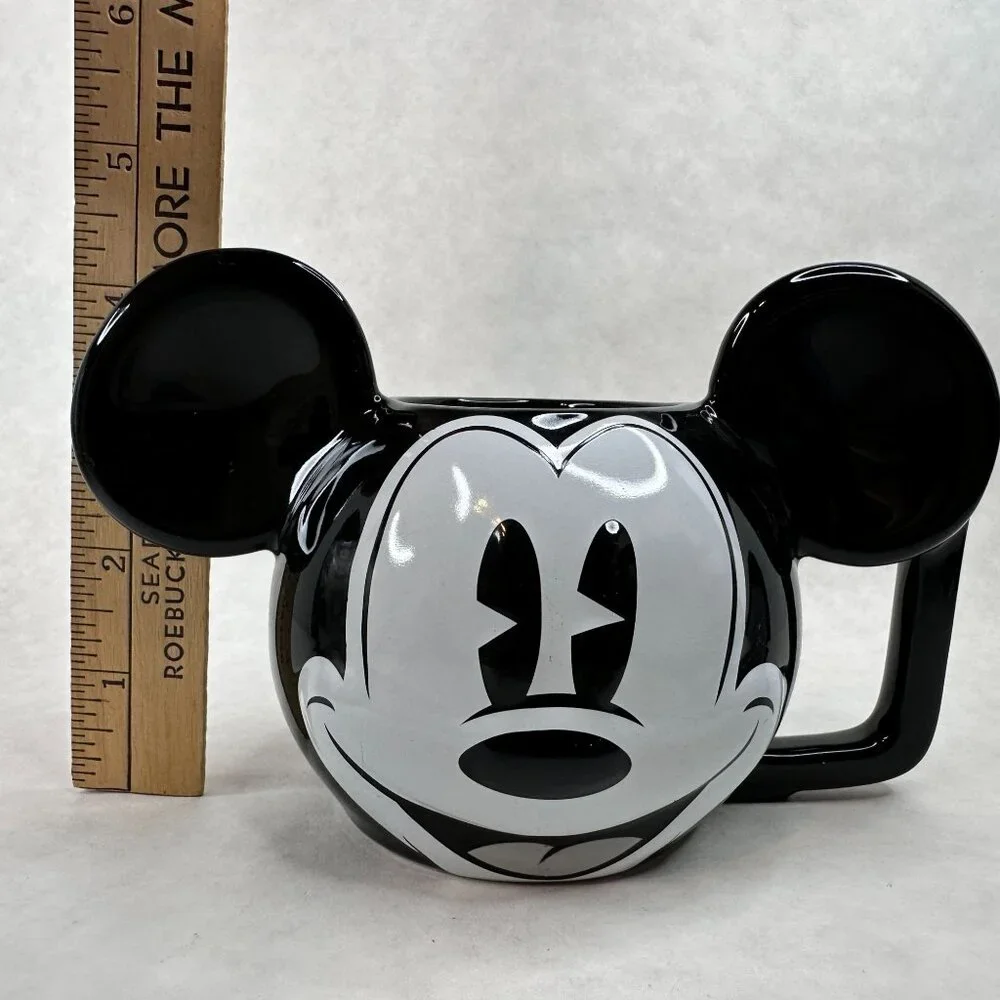 Vintage Disney Mickey Mouse Ceramic Mug W/ Spoon Black &‎ White 3D Ears D Handle